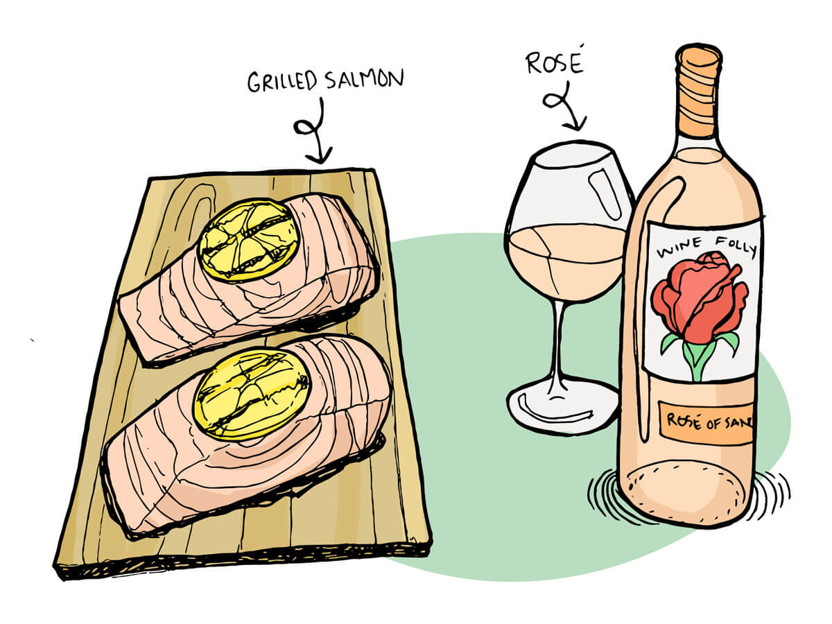 illustration of plank salmon and rose wine pairing - Wine Folly