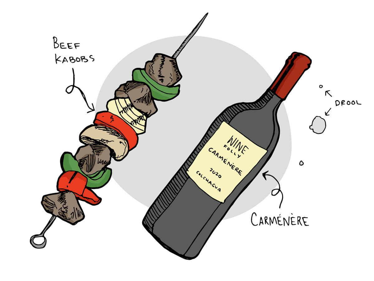 Wine pairing of beef kebabs with Carmenere.