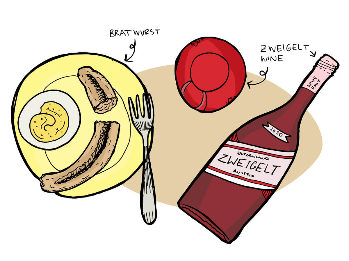 illustration of wine pairing with bratwurst and zweigelt from austria - Wine Folly