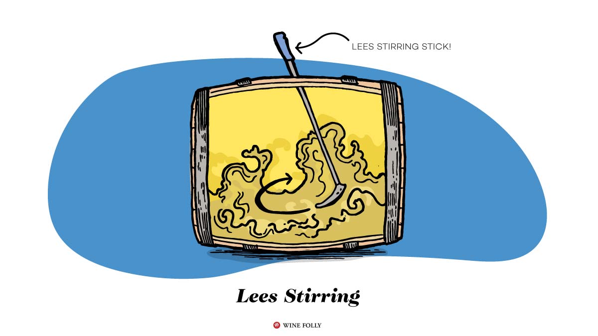 illustration of lees being stirred in a barrel.