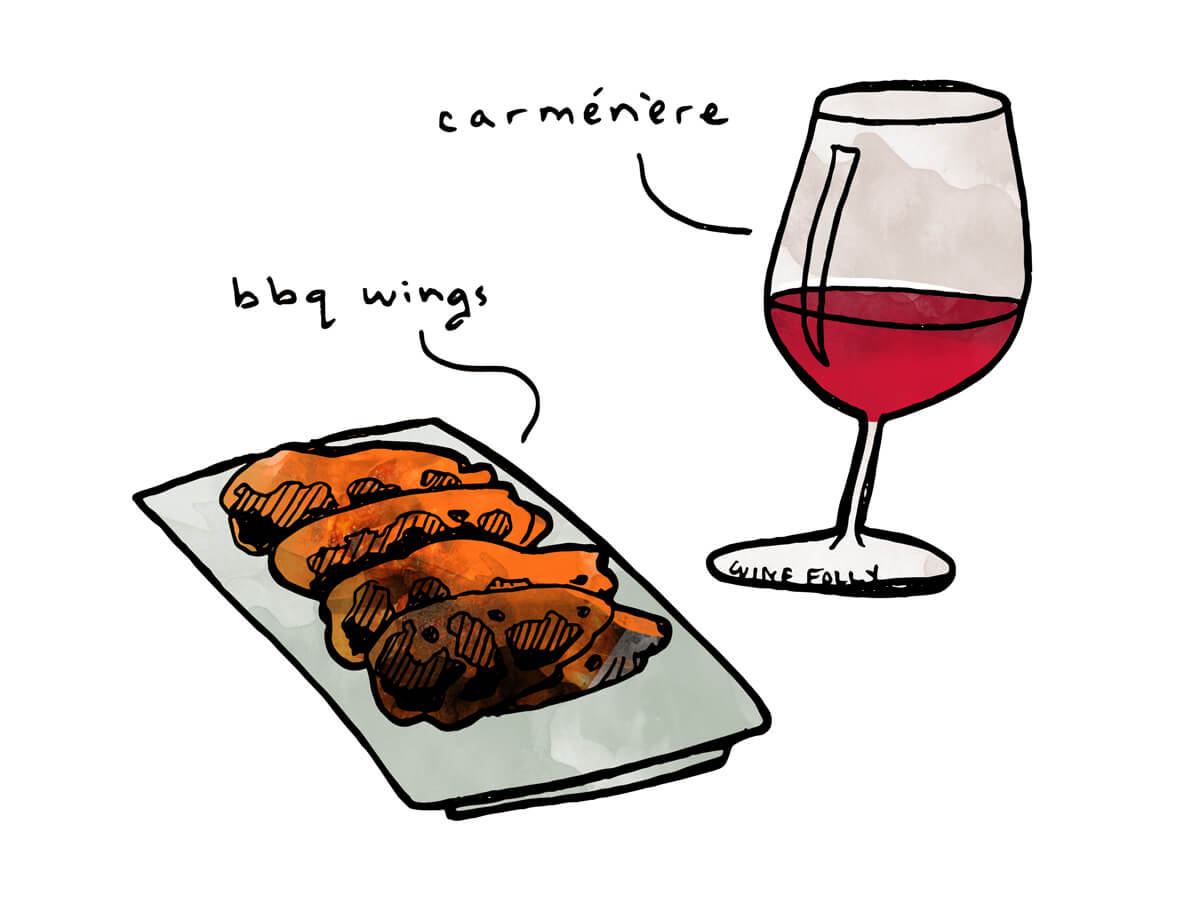 BBQ wings with Carmenere or Cabernet Franc wine - illustration by Wine Folly