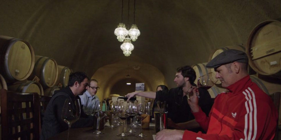 People tasting wines in a wine cellar in the movie Decanted.