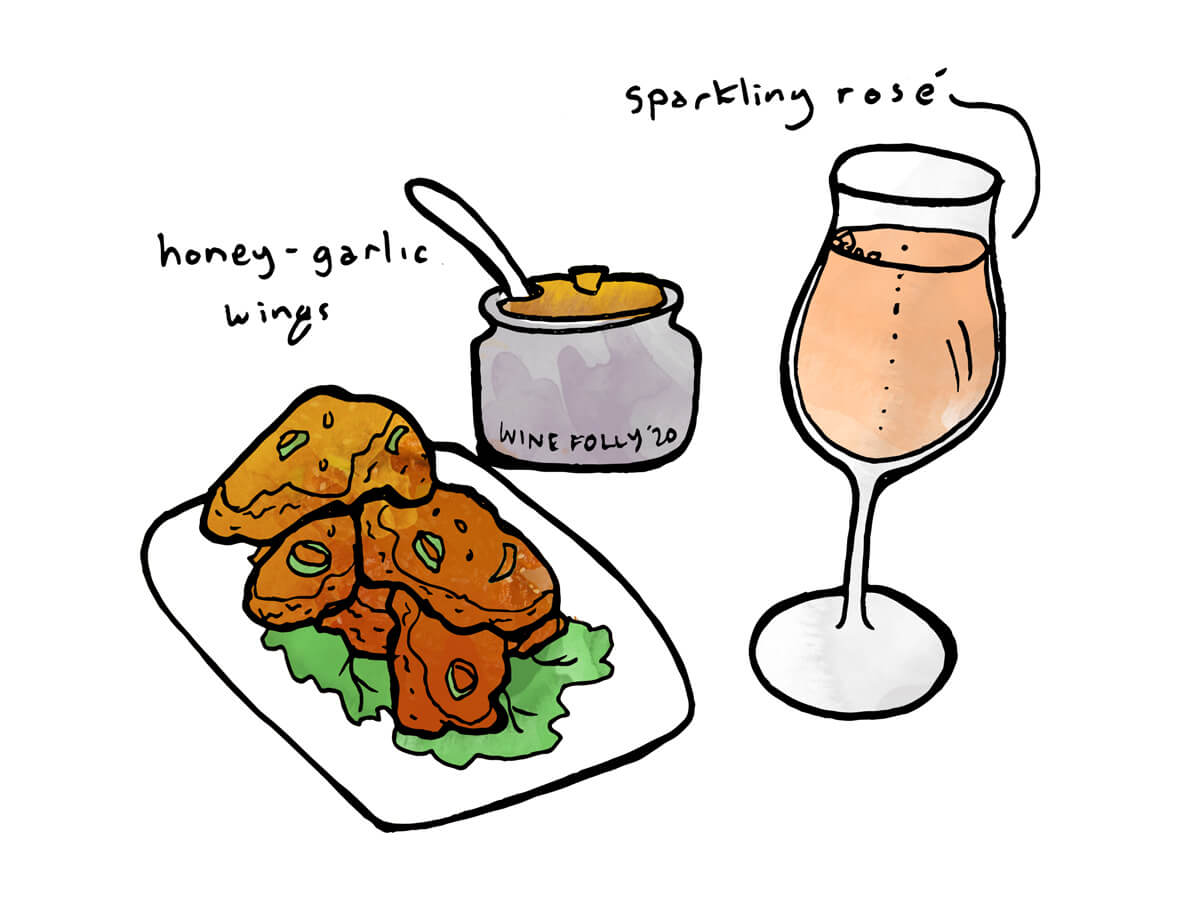Honey Garlic chicken with sparkling rosé or crémant wine - illustration by Wine Folly