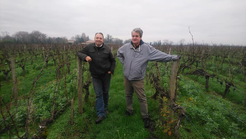 Jean-Baptiste Duquesne (left) and grower, David Poutays (right) in their Graves-area vineyard.