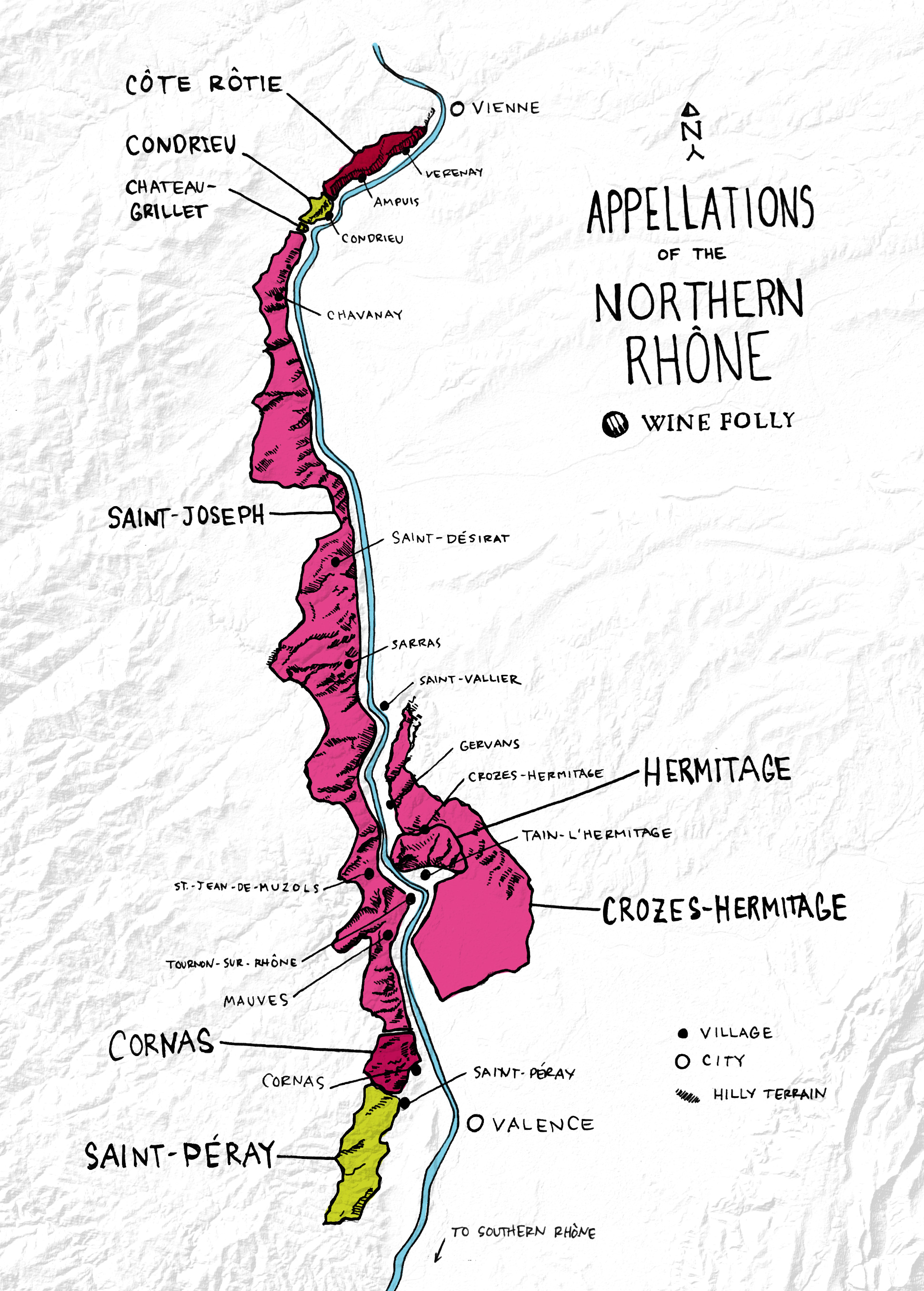 Map of the Northern Rhône showing appellations colored by what wines they produce.