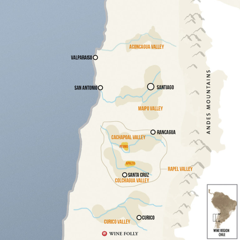 Chile wine map Cabernet Regions Peumo Apalta Colchagua Cachapoal Maipo Chile