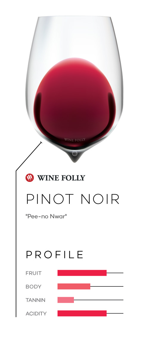 Pinot Noir wine in a glass with taste profile and pronunciation