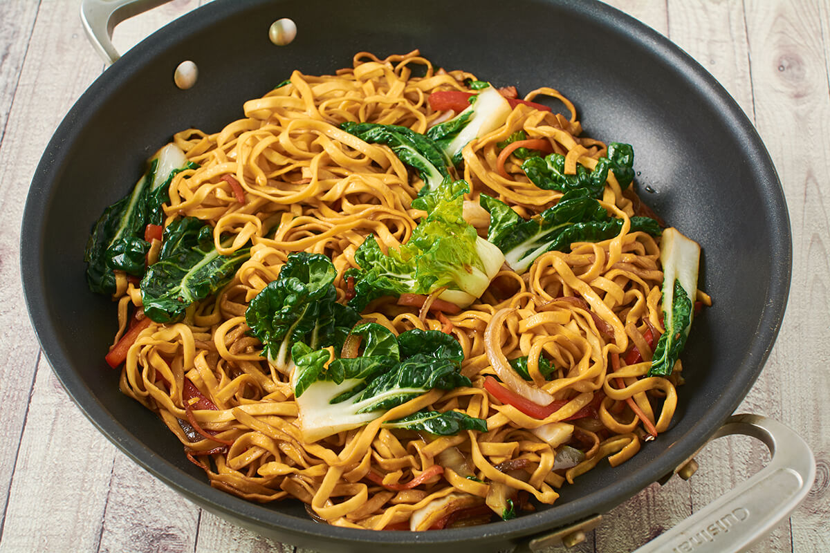 Vegetable Chow Mein in a wok.